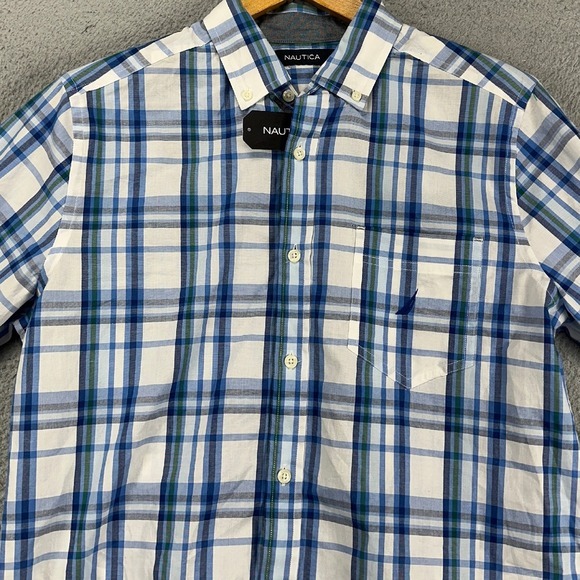 Nautica Button Down Shirt Mens‎ Small Blue White Plaid Pocket Long Sleeve NEW - Picture 1 of 11